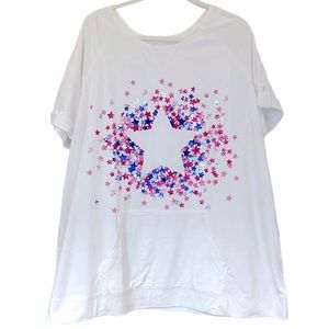 New! Woman Within 22/24 1X Medium Weight Pocket Short Sleeve Top White/Pink Star